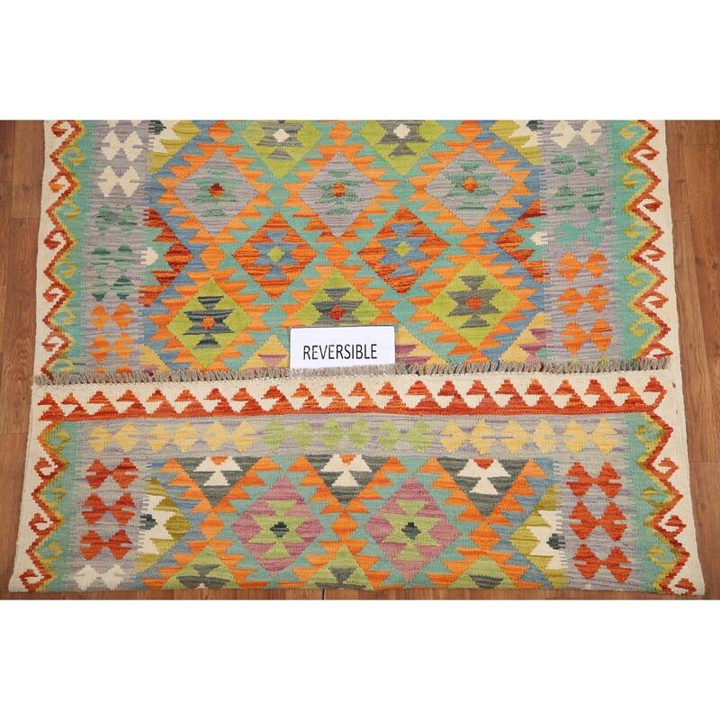 Hand Woven Oriental 100% Wool Carpet Southwestern Geometric Multi-Colored Kilim Area Rug - 6' 8'' X 5' 0''
