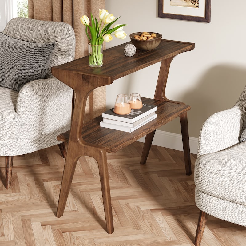 Wood 2-Tier Narrow Side End Chairside Table for Small Space