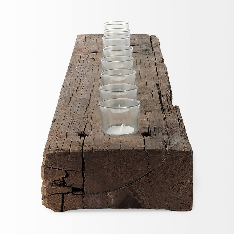Lakara Brown Reclaimed Wood with 8 Glass Tealight Candle Holder - 36"W x 8"D x 3"H