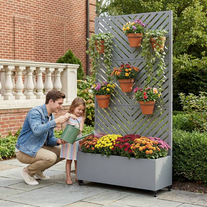 Raised Garden Bed Planter with Trellis Movable Planter Box with Lockable Wheels