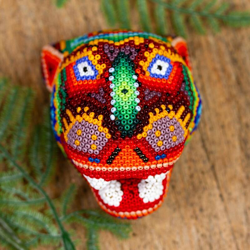 Novica Handmade Red Jaguar Ceramic Beaded Sculpture