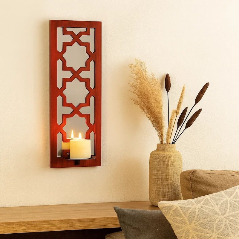 17 Inch Mirrored Wall Art Set of 2, Candle Holder Sconce, Lattice Design, Red