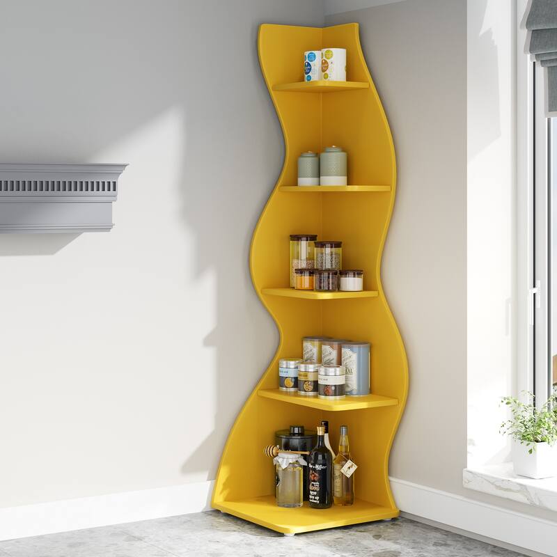 Modern Wood Corner Shelf, 5-Tier Bookshelf Bookcase for Living Room