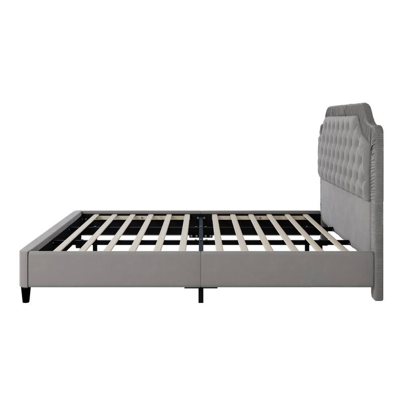 Luxurious Velvet Platform Bed Frame with Tufted & Pleated Headboard, Sturdy Wood Base - Full, Queen, King