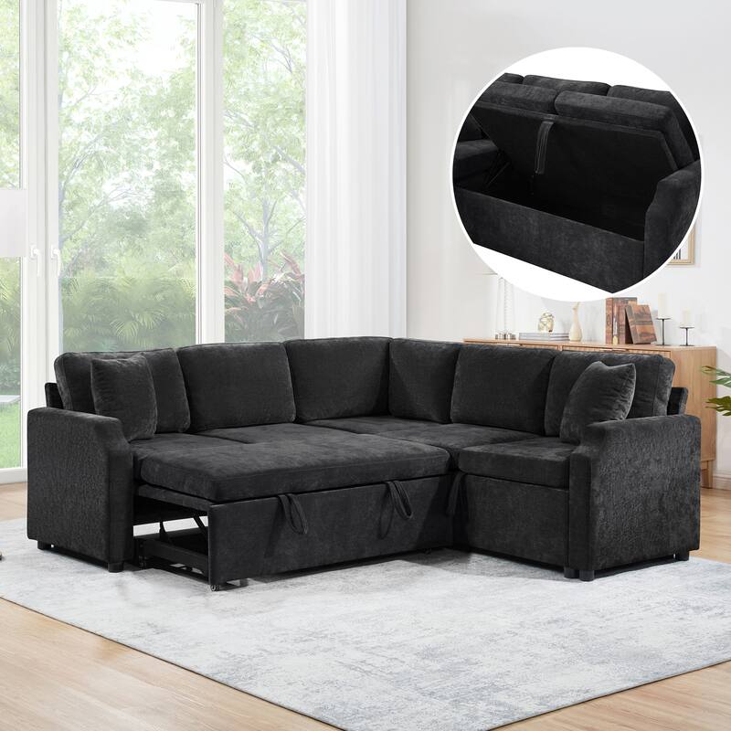 L-Shaped Sectional Upholstered Sleeper Sofa Convertible Pull-out Sofa Bed with Hidden Storage Space, Chenille Fabric - Black