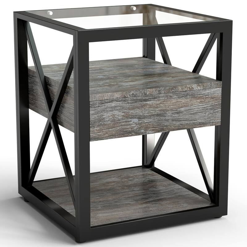 Industrial Style Set of 2 Modern End Table with Drawer - N/A