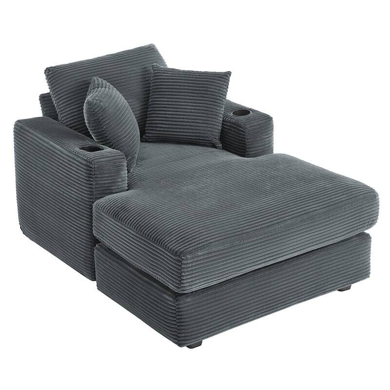 Oversized Corduroy Chaise Lounge Chair with Throw Pillows and Built-In Cup Holders