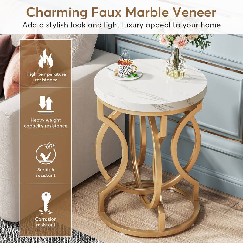 Gold End Table, Round Side Table with Faux Marble Top
