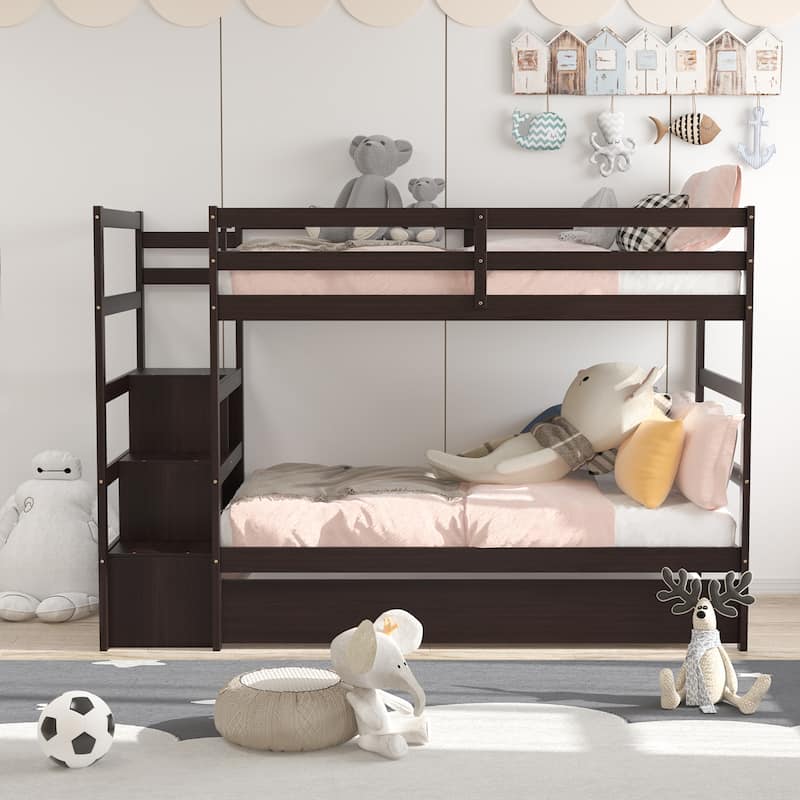 Costway Twin Over Twin Bunk Bed with Trundle Stairway and Storage - 39'' x 75''