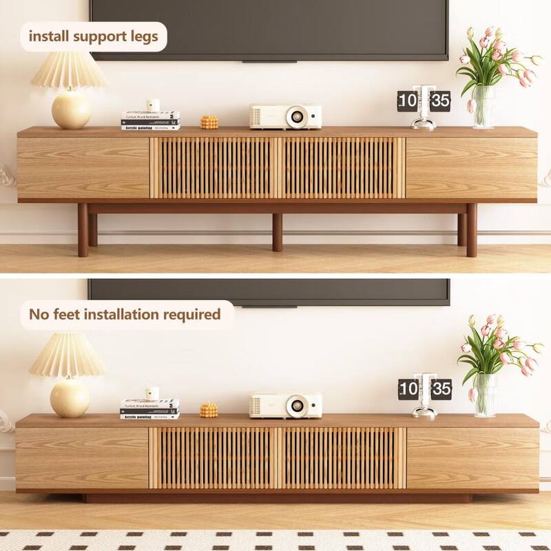 86.6" Solid Wood TV Stand with Slatted Door Design, Media Console for 90" TVs, - 86.6"Wx15.7"Dx20.8"H