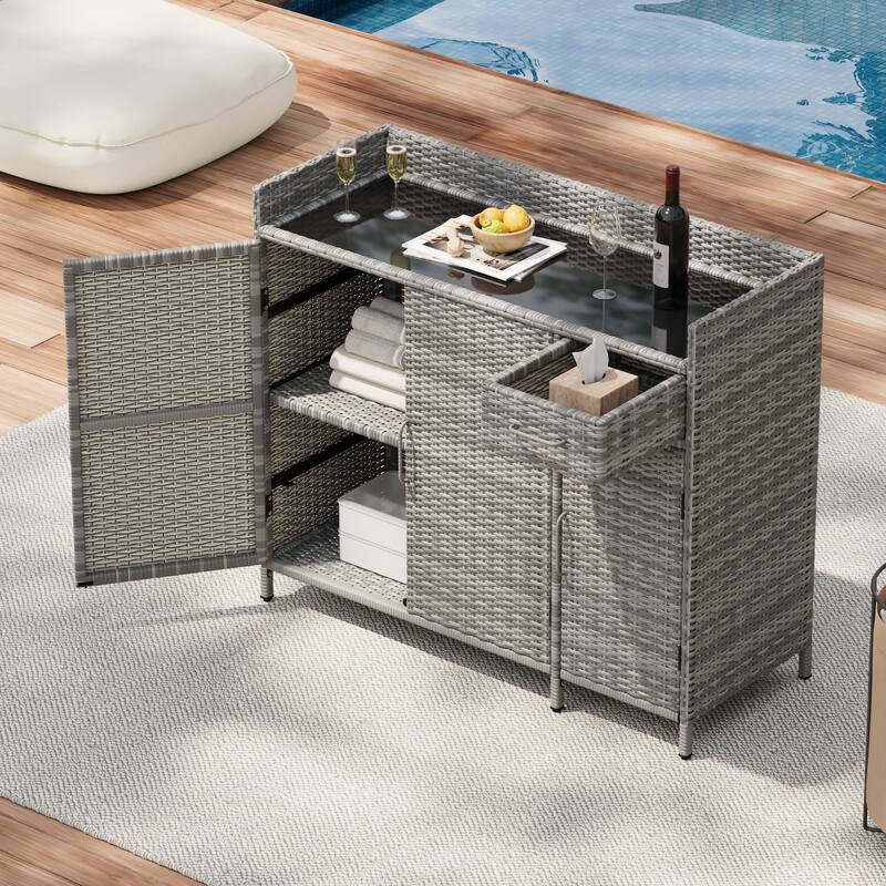 Wicker Storage Cabinet w/Tempered Glass Desktop, Weather-proof Rattan Bar Table, Kitchen Island w/Three Doors, Adjustable Shelf