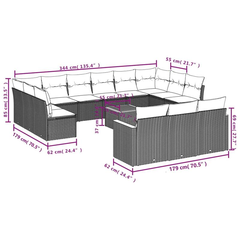 vidaXL 13 Piece Patio Sofa Set with Cushions Black Poly Rattan