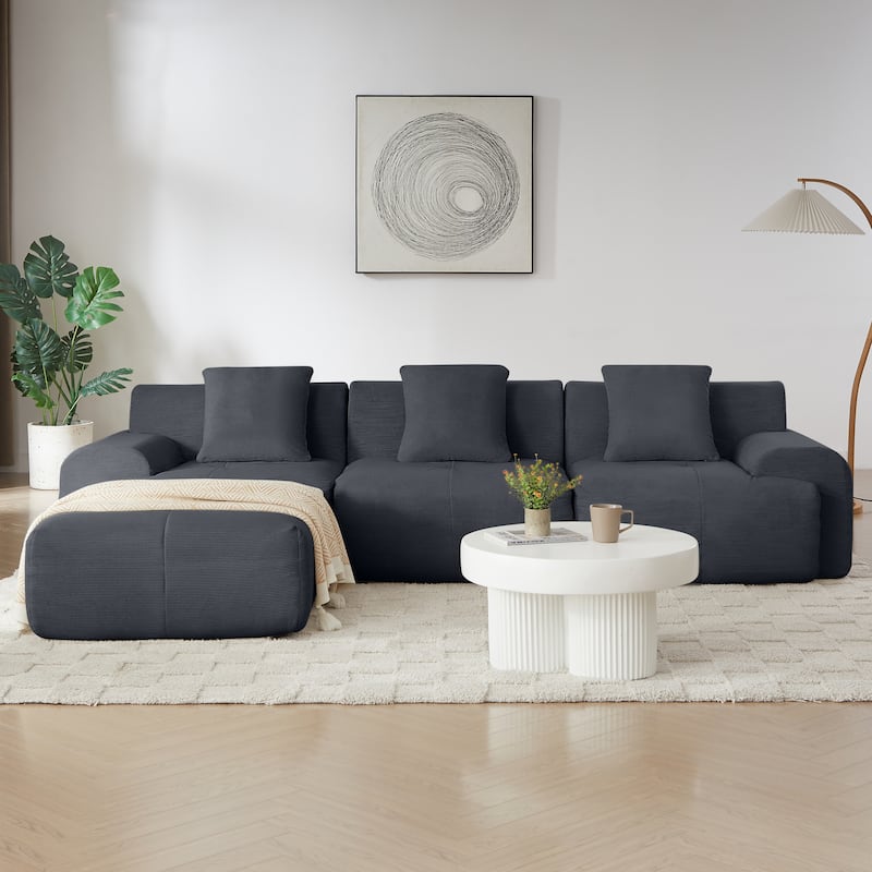 Livingroom L-Shaped Corduroy Sectional Sofa, Modular Couch 3 Seat Straight Sofa with Movable Ottoman