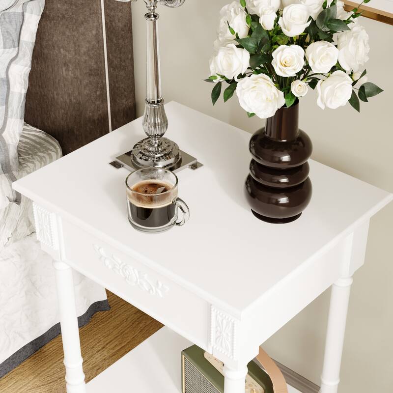 Vintage End Table with Drawer and Shelf, French Style Nightstand with Solid Wood Legs, White Accent Table
