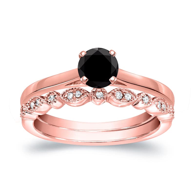 Auriya 14k Gold 1/2ctw Vintage Solitaire Black Diamond Engagement Ring Set - Rose - 8.5