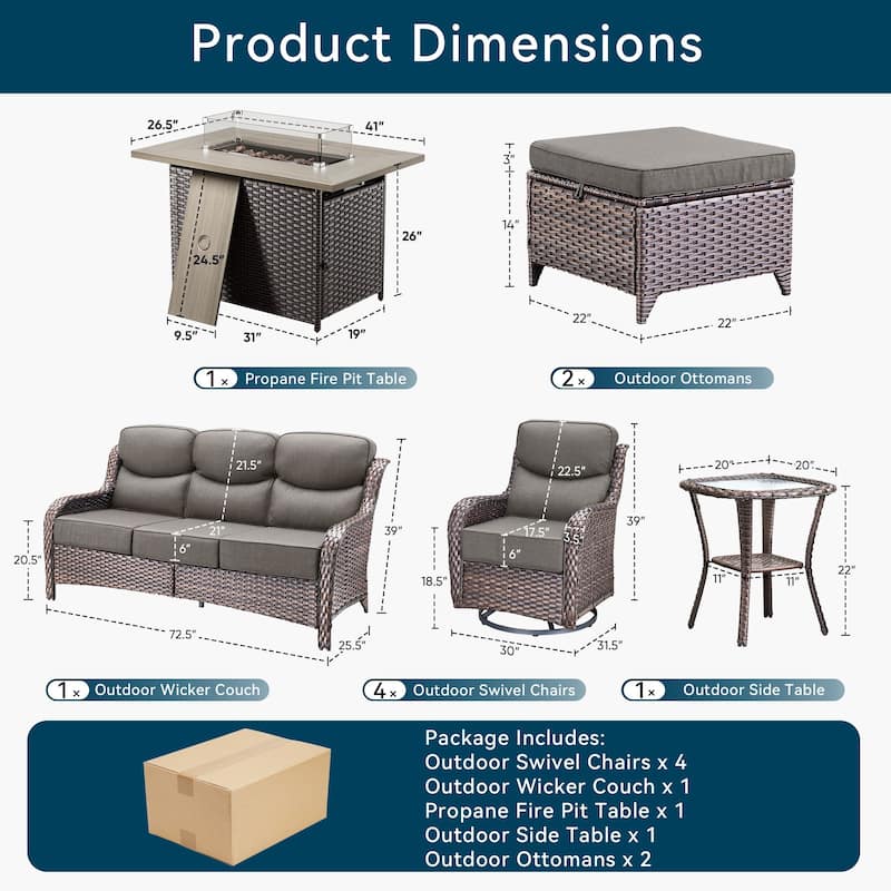 Pocassy 10 Pieces Outdoor 6 Inch Sofa Swivel Chair Ottoman with Fire Table