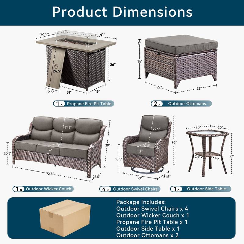Pocassy Outdoor 6 Inch Sofa Swivel Chairs Ottoman with Fire Table Set