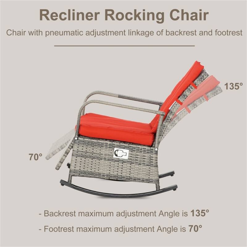 Reclining Outdoor Rocking Chair with Removable Cushion Covers and Adjustable Footrest for Comfortable Seating