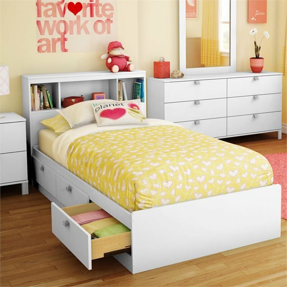 Twin Storage Bed with Bookcase Headboard in Pure White