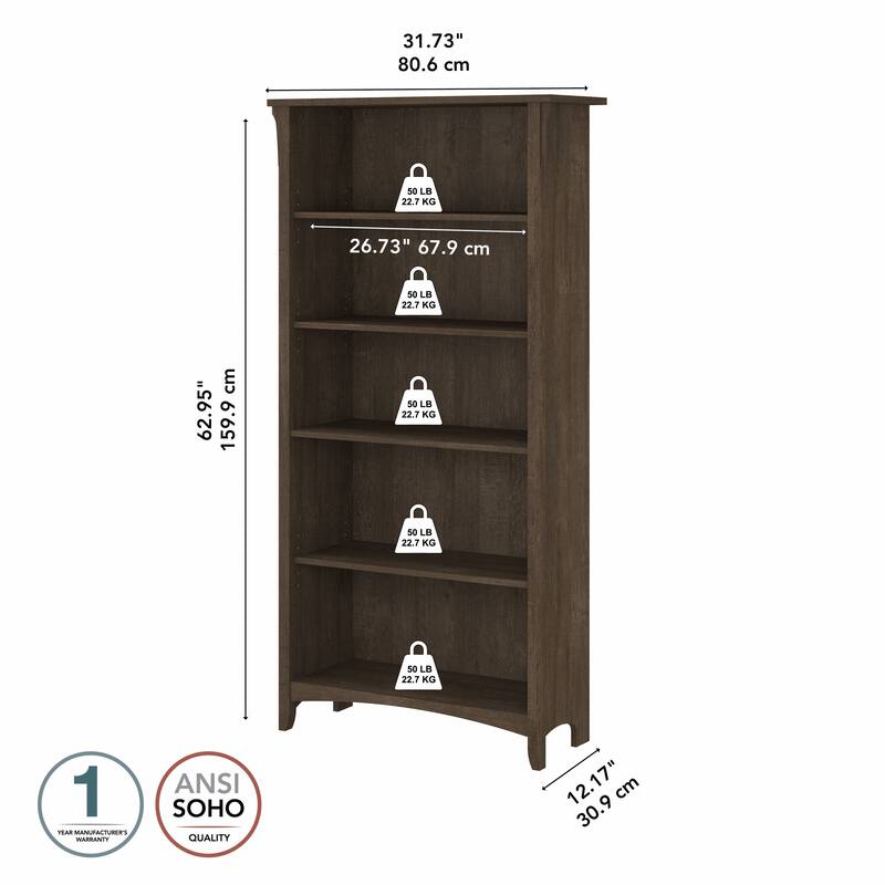 Bush Furniture Salinas Tall 5 Shelf Bookcase with Adjustable Shelves