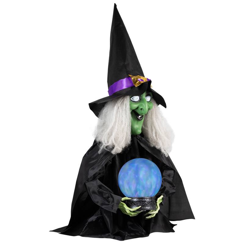 26" Pre-Lit Sitting Fortune Witch with Magic Ball Halloween Decoration
