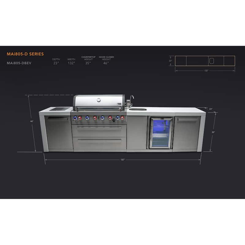 Mont Alpi 132"W Deluxe Stainless Steel Premium Outdoor Kitchen Island with Refrigerator Faucet & Sink + 44"W 6-Burner BBQ Grill