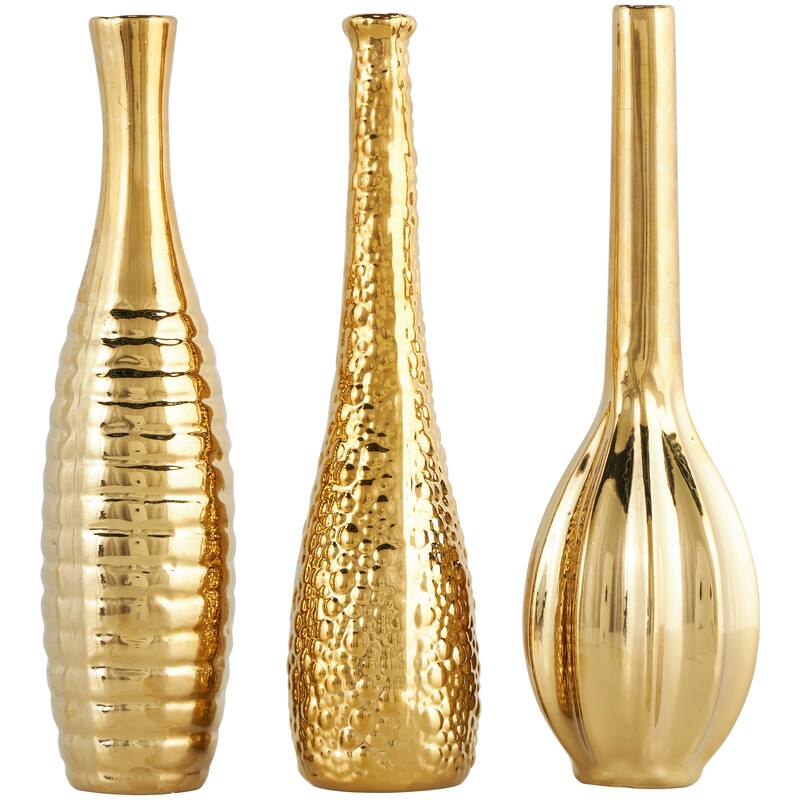 CosmoLiving by Cosmopolitan Sleek Ceramic Glam Vase with Varying Patterns (Set of 3) - Silver, Gold, Dark Blue, White