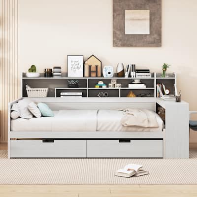 Wooden Multi-functional Daybed with Storage Shelves, 2 Storage Drawers and Study Desk