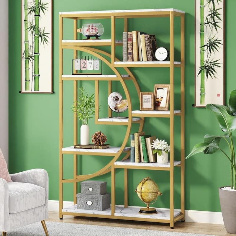 69" Tall Geometric Bookcase with 9 Open Shelves Metal Frame and Marble Laminate Top for Living Room - 37.4”L x 11.81”W x 68.89”H