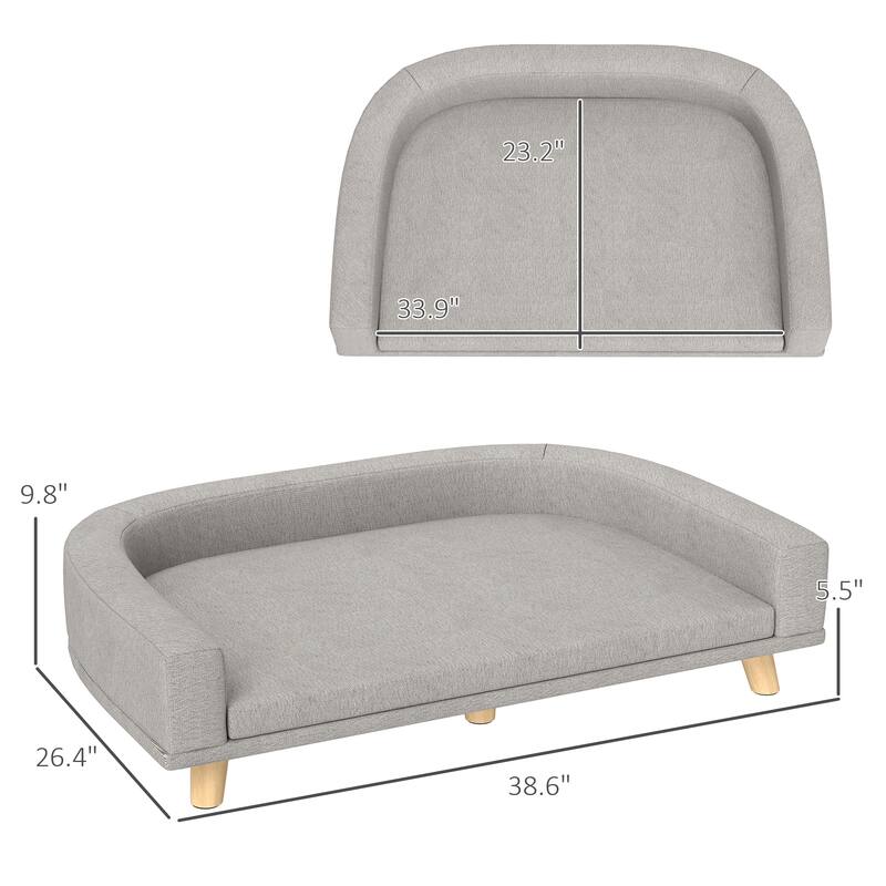 Elevated Dog Sofa with Removable Washable Cover Plush Gray Pet Couch Pine Wood Legs for Large Dogs - 38.6" W x 26.4" D x 9.8" H