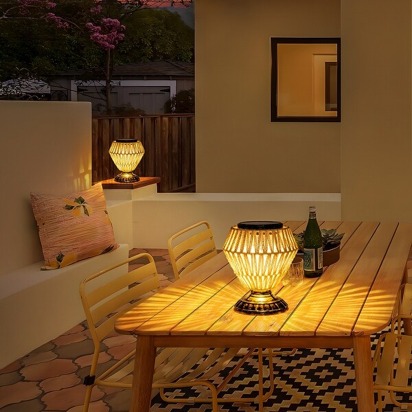 Solar Panel Rattan Woven Lights Dimmable Nightstand Desk Lamp