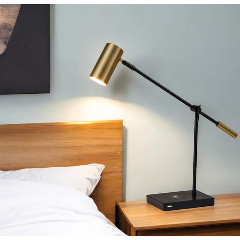 Black Metal Swing Arm LED Desk Lamp with Antique Gold Cylinder Shade USB Charging - 22.5” x 5” x 22.25” (D x W x H)