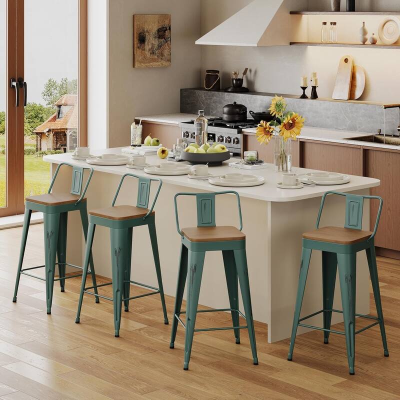 Industrial Style Bar & Counter Stools with Metal Frame Kitchen 26" and 30" Seat Height Stools with Low Back and Wooden Seat - Distressed Teal - Bar Height