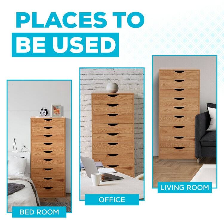 Narrow Wooden 9-Drawer Cabinet with Smooth-Glide Drawers, Top Storage Shelf, and Space-Saving Design