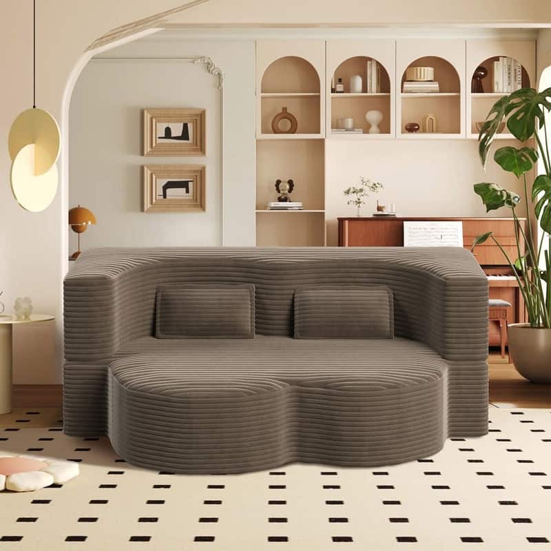 Modern 78" Full Size Convertible Corduroy Foam-Filled Sleeper Sofa,Modern Floor Sofa with 2 Pillows - Coffee