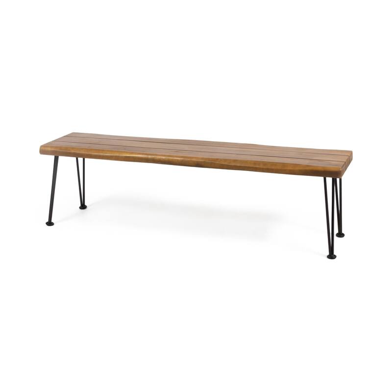 62" Outdoor Industrial Wooden Slats and Metal Rectangular Bench