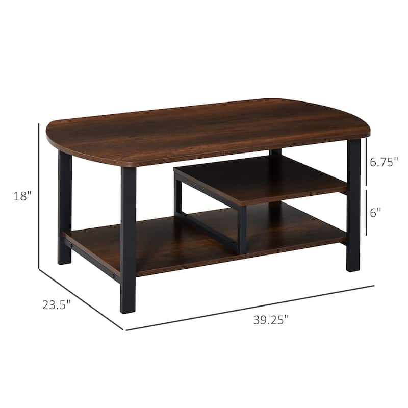 Vintage Indoor Coffee Table with Wood Grain Top Black Metal Frame Large Storage Shelves for Living Room Bedroom Study