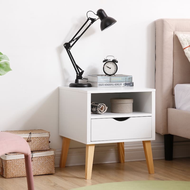 Farmhouse White Solid Wood Nightstand, End Table with 1 Drawer and 1 Storage Shelf - 19" L x 19" W x 22" H