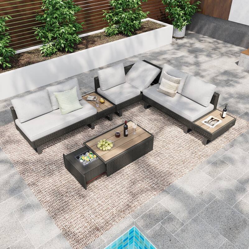 6-Piece Outdoor Sectional Sofa Set with Adjustable Recliner, Ice Bucket Coffee Table & Side Tables