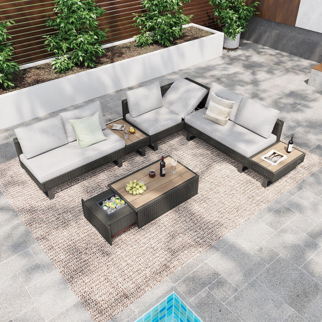 Diamond Weave Patio Sectional Sofa L-shape Conversation Sets with Extendable Coffee Table, Ice Bucket, Collapsible Seat, 6-Pers