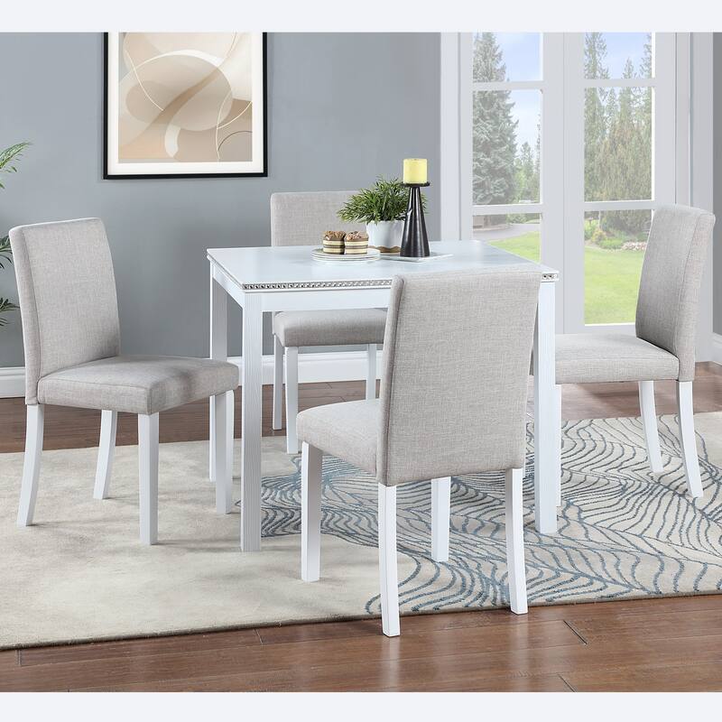 5-Piece, Modern Dining Table Set with Crystal Decorations and 4 Dining Chairs, for Kitchens and Dining Rooms, White