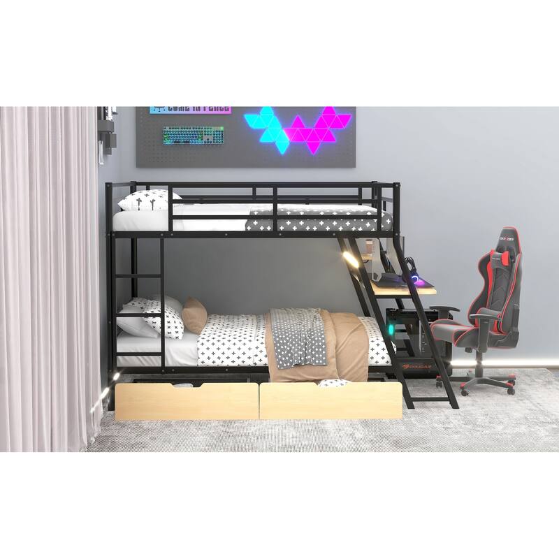 Full Size Metal Bunk Bed Built-in Desk, Light and 2 Drawers