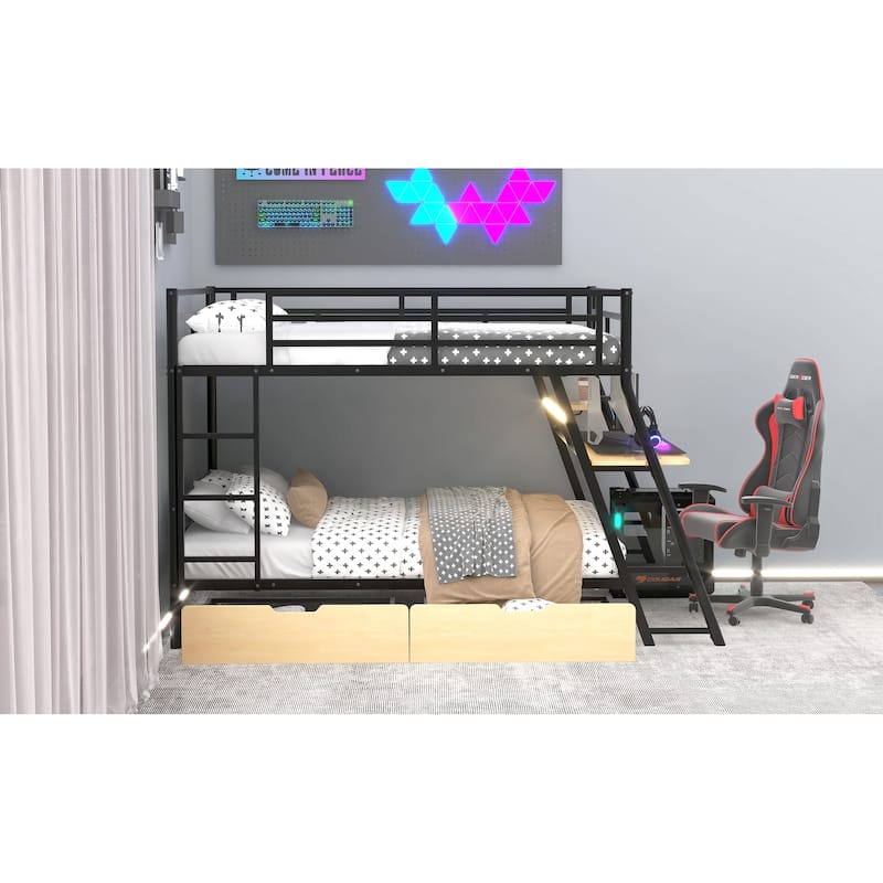 Roomfitters Full Metal Bunk Bed with Built-in Desk, Upper Guardrail and Compact Storage Unit, Black