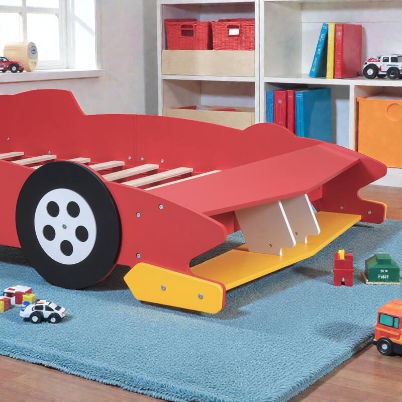 Race Car Platform Bed with Wheels, Kids Car-Shaped Bed Frame with Safety Rails