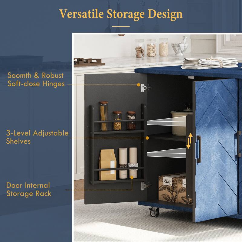 51.2"W Rolling Kitchen Island with Drop Leaf, Internal Storage Rack