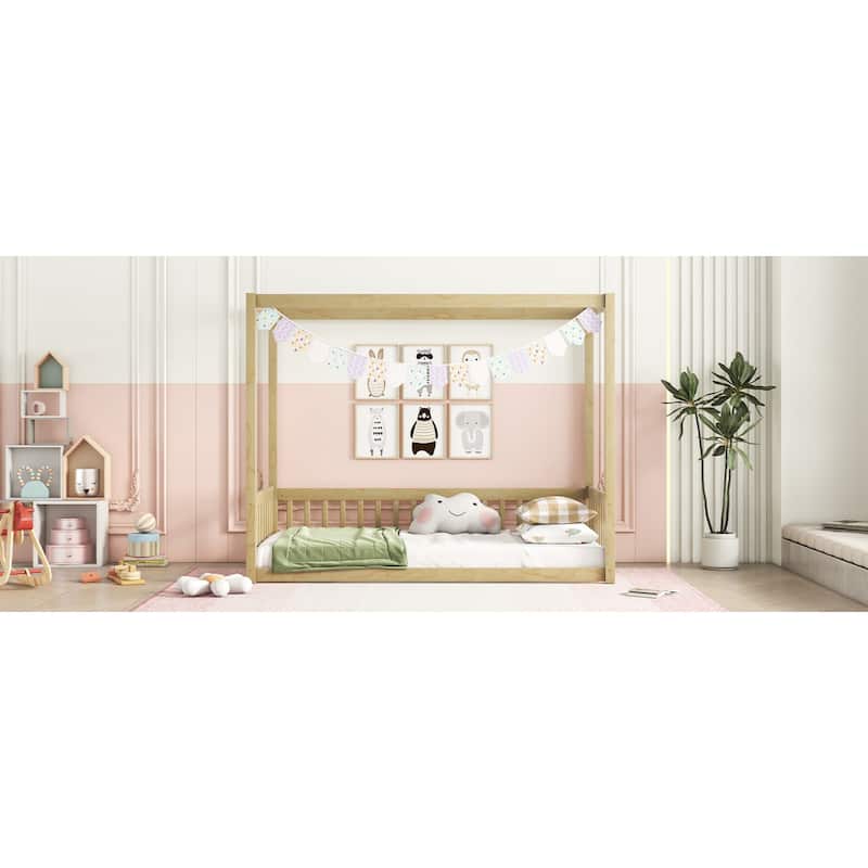 Roomfitters Twin Canopy Frame Floor Bed with Fence and Guardrails, Low Profile Platform Bed, No Box Spring Needed, Natural
