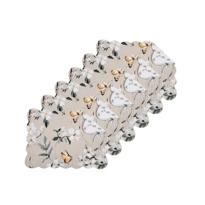 Dogwood Meadows Scalloped Placemats Set of 6 Floral Flowers, 13" x 19" - Beige
