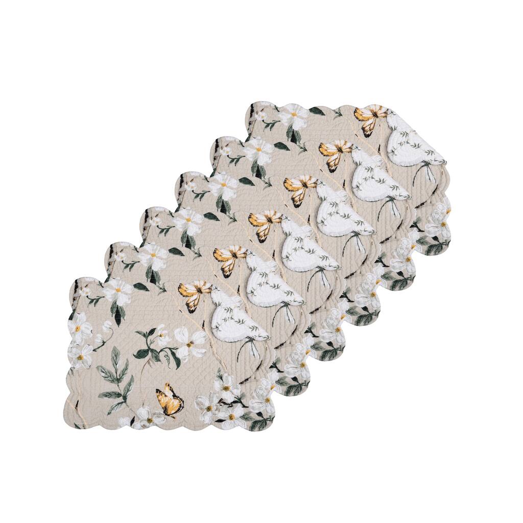 Dogwood Meadows Scalloped Placemats Set of 6 Floral Flowers, 13" x 19" - Beige