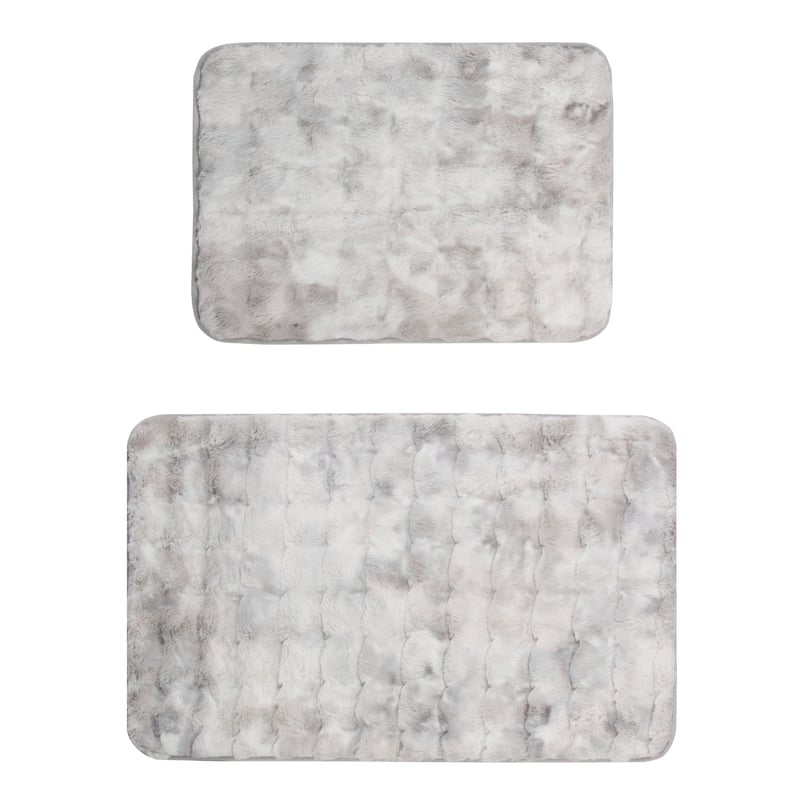 Green 2 Piece Striped Textured Ultra Soft Faux Fake Fur Rabbit Non-Slip Absorbent Bathroom Bath Mat Set