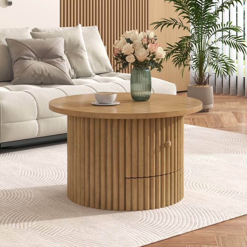 Round Coffee Table for Living Room in Natural, Farmhouse Coffee Table with a Drawer, Center Table with Vertical Slat Ba